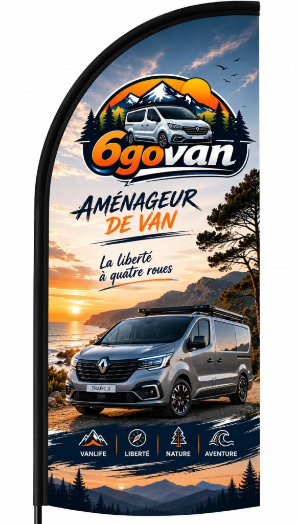 Kakémono publicitaire 6govan présentant un Renault Trafic 3 aménagé, exposant au Provence Van Week-End