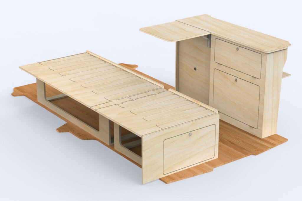 Rendu 3D du kit d'aménagement The Minimalist par Simple Vans, avec module lit et meuble cuisine, exposant au Provence Van Week-End