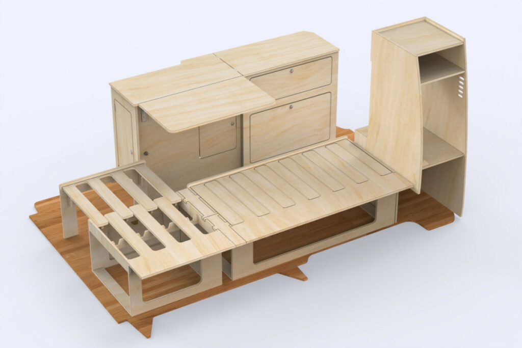 Rendu 3D du kit d'aménagement The Roamer par Simple Vans pour Volkswagen Transporter T5/T6, exposant au Provence Van Week-End