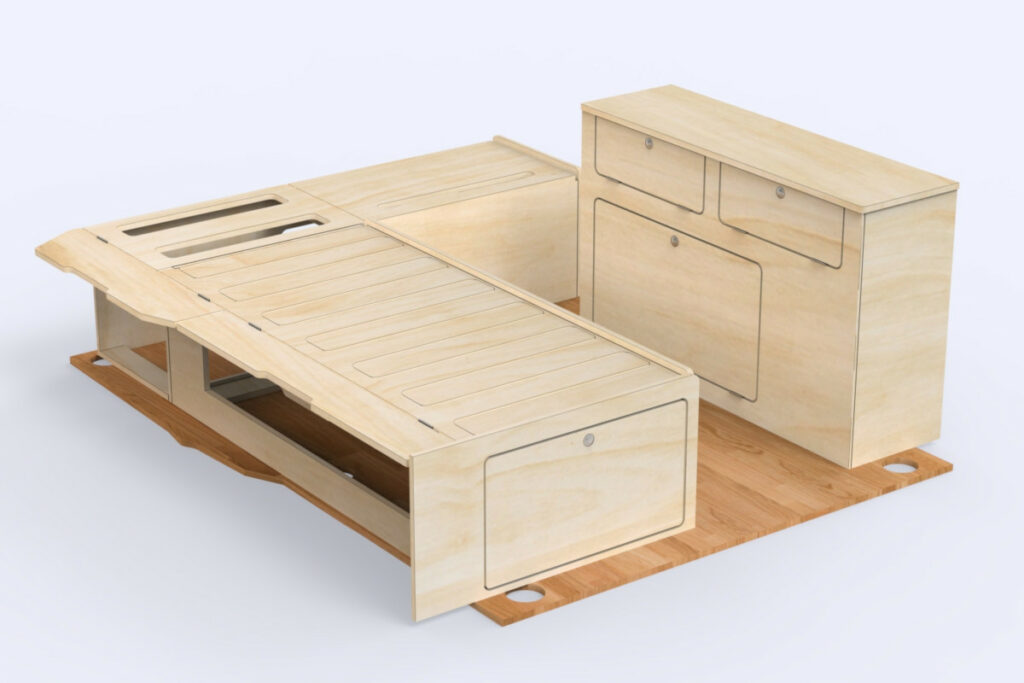 Rendu 3D du kit d'aménagement adaptable The Weekender par Simple Vans, exposant au Provence Van Week-End