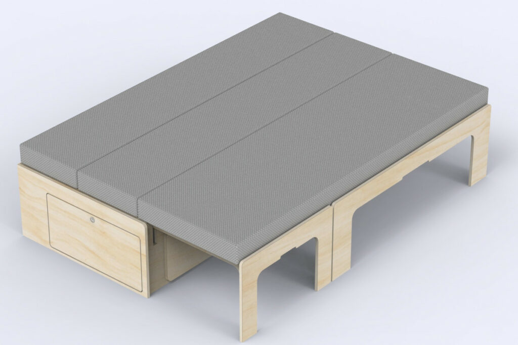Rendu 3D d'un matelas grand lit modulable sur structure bois, kit Simple Vans exposant au Provence Van Week-End