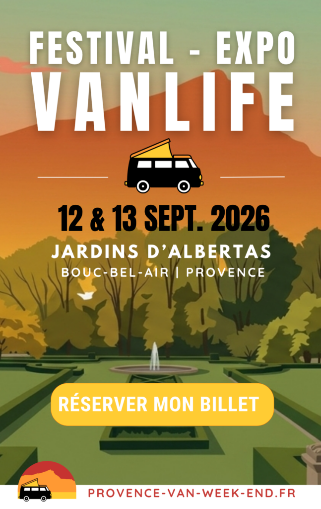 Affiche du Provence Van Week-End 2026, festival-expo vanlife les 12 et 13 septembre aux Jardins d'Albertas à Bouc-Bel-Air, avec bouton de réservation de billet