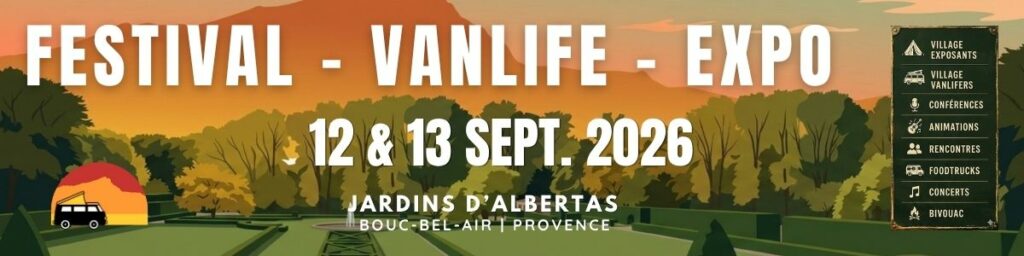 Bannière du Provence Van Week-End 2026 aux Jardins d'Albertas, 12 et 13 septembre, avec village exposants, conférences, animations, foodtrucks et concerts