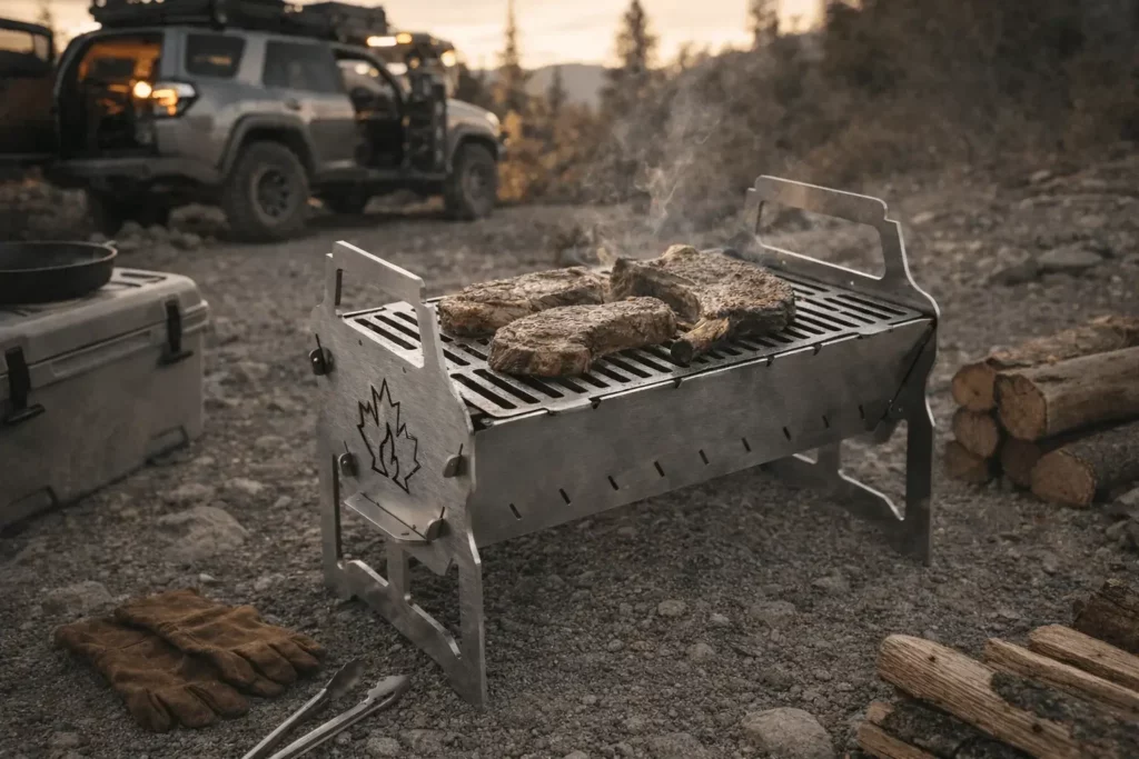 Cuisson de steaks sur un barbecue nomade PYROCA en acier avec 4x4 équipé overlanding en arrière-plan, coucher de soleil