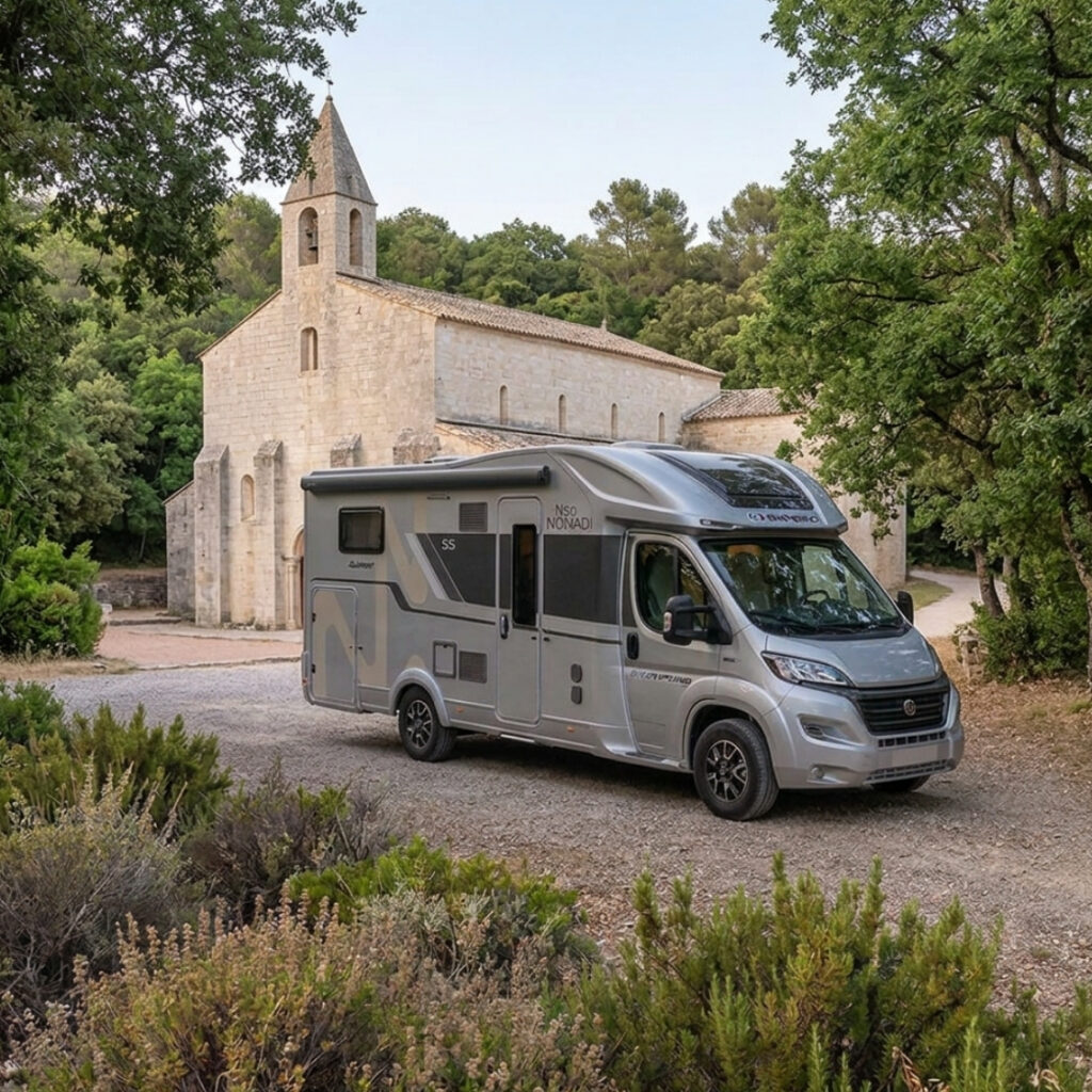 Camping-car profilé Neo Nomad garé devant une église romane en Provence, entouré de végétation méditerranéenne