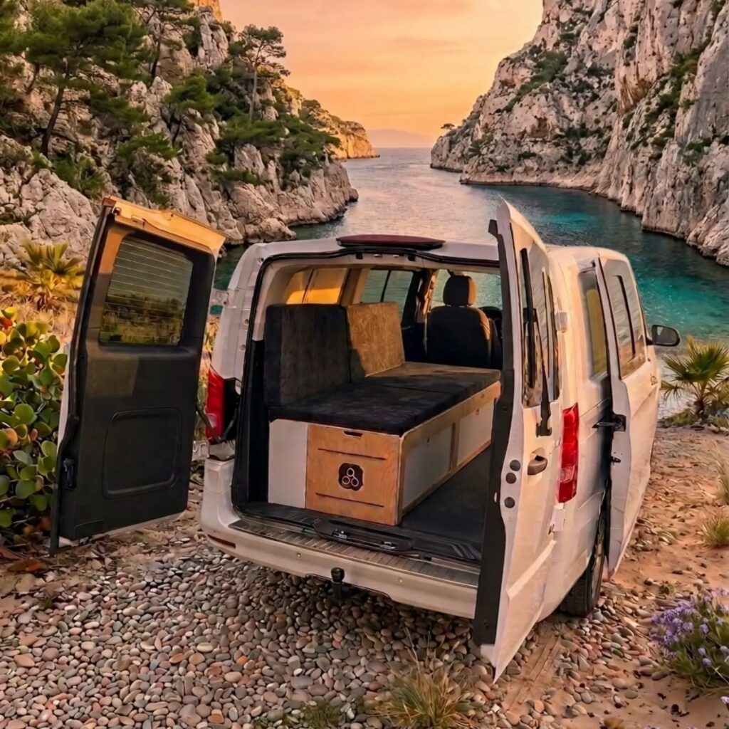Module d'aménagement amovible en bois FLV Van installé dans un utilitaire, calanques et mer en arrière-plan au coucher du soleil