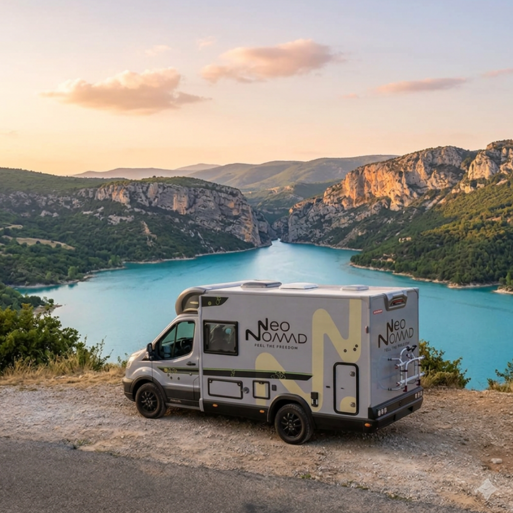 Van aménagé Neo Nomad avec logo de la marque, garé en surplomb des gorges du Verdon au coucher du soleil